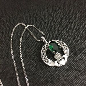 Emerald Claddagh Celtic Necklace in Sterling Silve